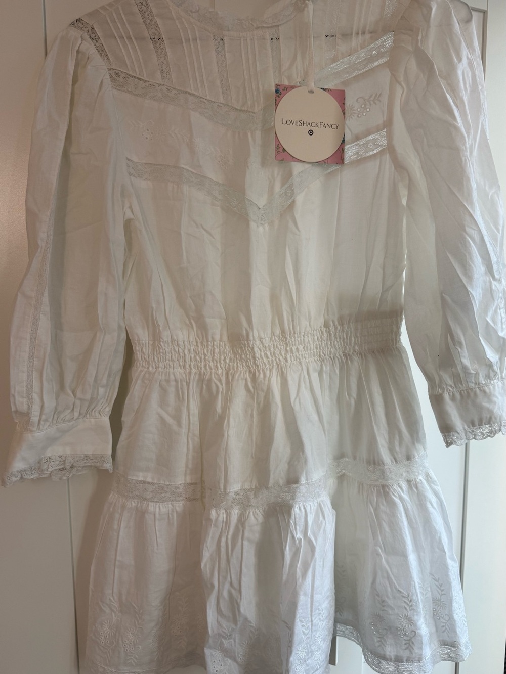 NWT LoveShackFancy x Target Girls' White Lace-Trim Tiered Mini Dress